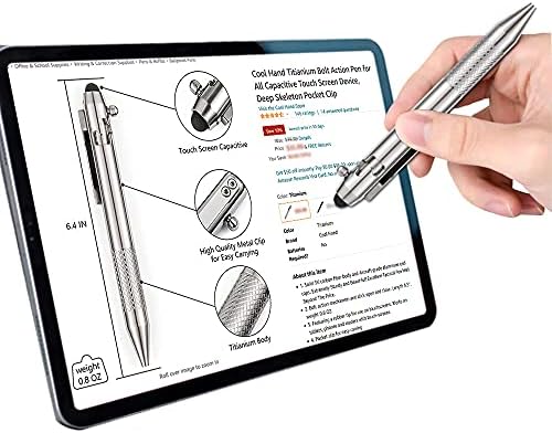 Mão legal 4,9 '' Titanium Bolt Action Pen Stylus para tela de toque, Ballpoin Ink Recarregável, Tamanho compacto, clipe de bolso profundo