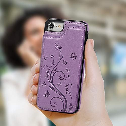 Supwall Compatível com o estojo do suporte para iPhone 7, capa de carteira iPhone 8 em relevo Butterfly Slim Folio Cover à prova de choque com cartão de crédito Slot Skin para iPhone 7 e 8, roxo