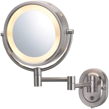 Jerdon espelho de maquiagem montado na parede de dois lados com iluminação halo - espelho de maquiagem iluminado com ampliação de 5x e braço de parede - espelho redondo com níquel Montagem de parede - Modelo HL65N
