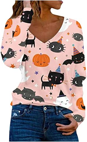 Manga longa para mulheres V Pescoço Paisley Black Cat Pumpkin Sweetshirts Juniors Juniors Halloween Tunic Tops Plus Tamanho Sexy Camisa Sexy