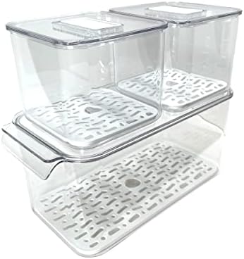 3 PCs Plástico Recipientes de armazenamento de alimentos para geladeira - caixas de organizador transparente com bandeja de drenagem removível, tampas ventiladas empilháveis, frutas e vegetais organizadores de geladeira e armazenamento claro para despensa e freezer