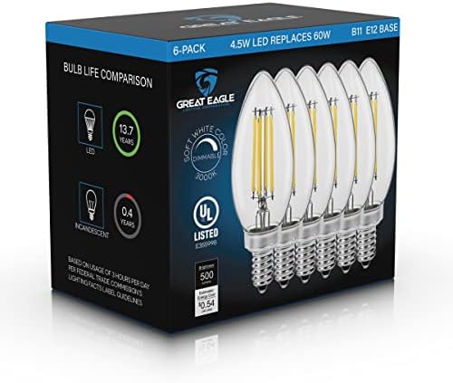 Great Eagle Lighting Corporation Candelabra B11 Lâmpadas LEDs 60W equivalente 500 lúmens, diminuição, filamento e12 vela 3000k