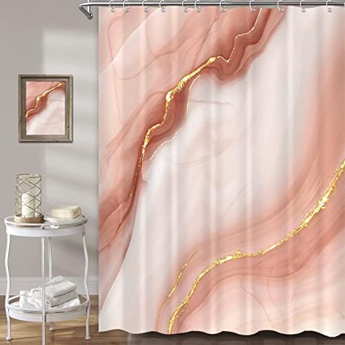 Cortina de chuveiro abstrato moderno e rosa de mármore gradiente de luxo de luxo cortina de chuveiro de ouro para decoração de banheiro arte ombre textura de tinta aquarela, cortina de banho lavável de tecido à prova d'água
