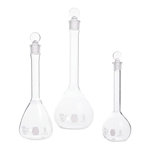 Kimax 28015-200 Borossilicate Glass 200ml, +/- 0,20ml Tolerância, redonda com frasco volumétrico de fundo plano B-Classe B, com rolha