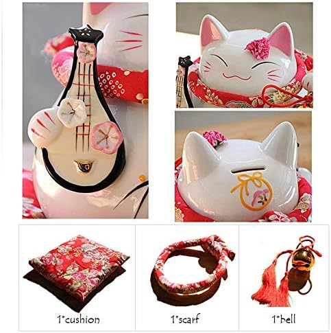 Zamtac 8 polegadas Cerâmica Maneki Neko Ornament Pink Lute White Lute Lucky Cat Box Box Fture Home Decort Cat With Bell -