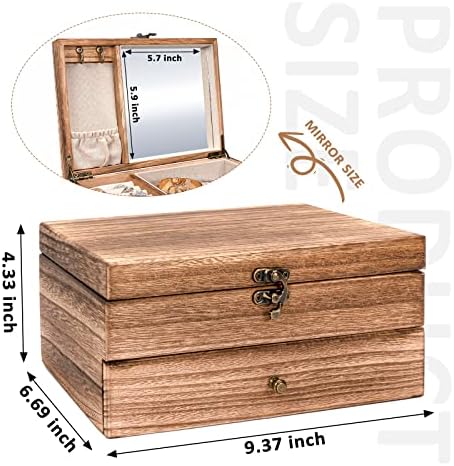 Caixa de jóias Emfogo para meninas, mulheres, caixas de jóias de madeira rústica de 2 camadas e organizadores com espelho, caixa de
