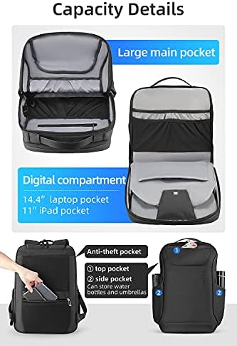 Backpack for Men Fit Fit 15.6 'Laptop Work Bookbags com porto de carregamento USB, Flight aprovado por Carry On Backpack, Black