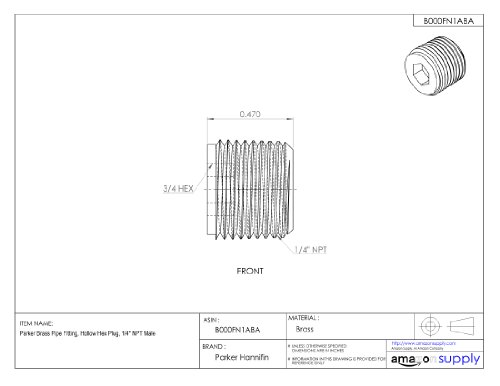 Macar de tubulação de latão Parker, plugue hexalco oco, masculino NPT de 1/4