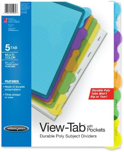 Wilson Jones View-Tab Divisadores transparentes, índice de estudantes com bolsos, conjunto de 5 tabelas, guias multicoloridas