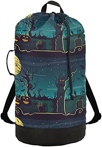 Halloween Moon Pumpkin Housed House House Laundry Backpack de serviço pesado Mochila com alças de ombro Handles Travel Saco