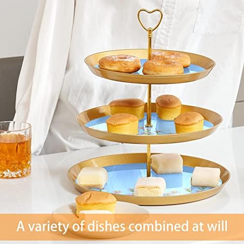 Conjunto de exibição de mesa de sobremesa, suporte de cupcakes de ouro, estandes de sobremesa, bandeja de porção de 3 camadas, suporte de camada de copo, suporte de bolo de casamento para mesa de sobremesa, margarida de flor do céu da primavera
