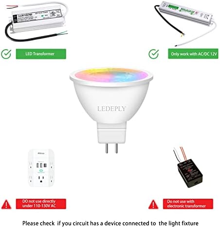 LEDEPLY MR16 SMART BULS, 5W, GU5.3 LED WIFI Bulbo, compatível com Alexa & Google Assistant, AC/DC 12V, Bi-Pin, Alteração de