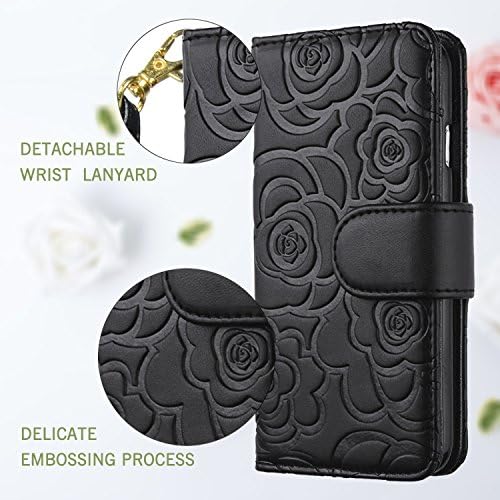 Flyee Compatível com iPhone XR, carteira para mulheres e meninas com porta-cartas, couro premium, capa de estojo de flip-pêlo de proteção com flores com pulso em flores preto preto