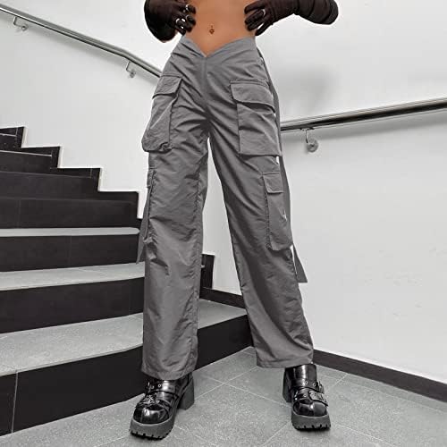 Mulheres Y2K Cargo Calças de cintura alta calças casuais de perna larga com bolsos de cor sólidos calças diárias