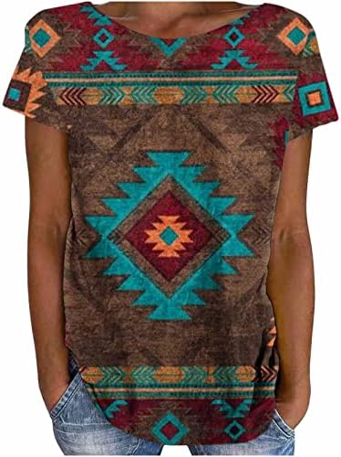 Camisas astecas para mulheres Tops de verão Tribal Impressão mexicana Camisa mexicana Manga curta Crewneck étnico geométrico