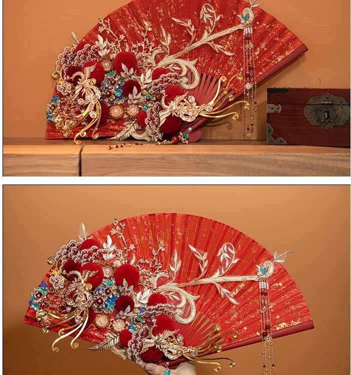 YCFBH Craft Dobing Fan Bride e, fã do grupo de casamentos, casamento chinês, fã feliz, ventilador dobrável tridimensional, segurando flores