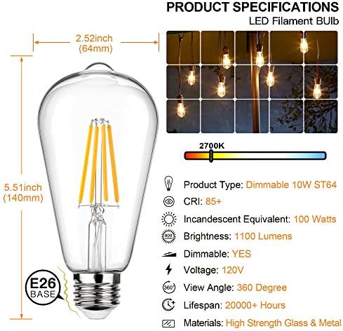 Maxvolador LED vintage Edison Bulbo 100W 1050 lúmens, lâmpadas de filamento LED 10W ST64 diminuem, iluminação de estilo antigo branco, base de parafuso médio e26, pacote de 6