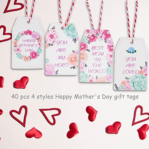 Tags de presente floral coloridas para o Dia das Mães - 40 PCs Feliz Dia das Mães penduradas Tags artesanais de papel, lindos rótulos de cartões Melhor mãe com cordas para a mãe Aniversário de aniversário