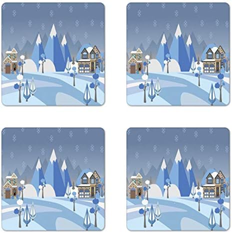 Conjunto de montanha -russa de Ambesonne, cena ao ar livre de inverno de edifícios e casas suburbanas em um cenário montanhoso, montanhas -russas quadradas quadradas, tamanho padrão, multicolor