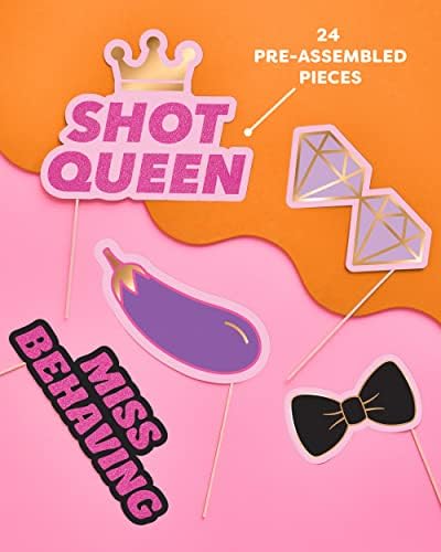XO, Fetti Bachelorette Photo Booth adereços - 24 peças, pré -montadas - Tags de dama de honra Presente, Shot Queen, Miss Comporting, Maid of Dishonor, Bad Influence + More