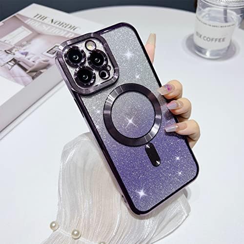 Tharlet compatível com iPhone 13 Pro Max Magnetic Glitter Case compatível com MagSafe-6,7 polegadas de luxo Bling Case Clear Case Soft para mulheres meninas à prova de choque-púrpura