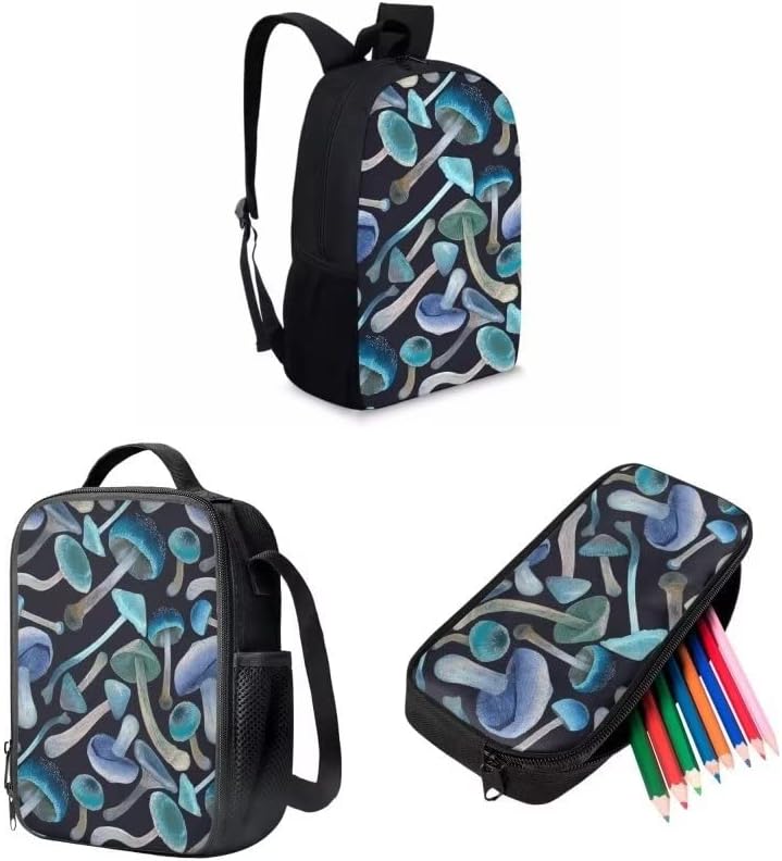 AMZprint 3D Cartoon digital Impressão de mochila azul de cogumelo e lancheira Conjunto de mochilas de 3pcs para crianças