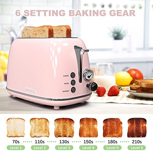 Toaster 2 Fatia Tooster retro de aço inoxidável com bagel, cancelamento, função de degelo e configurações de 6 pães, torradeira de 2 fatia com slot extra largo, bandeja de migalhas removíveis