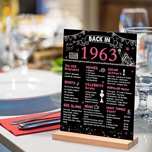 Darunaxy Rose Gold Gold 60º aniversário Decorações de festas, lados duplos em 1963, 60º aniversário de aniversário de acrílico com Stand for Women Pink Turnando 60 anos Presentes Vintage 1963 Supplies de festa de mesa