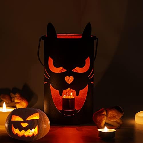 Hommax Halloween lanternas LEDs ao ar livre, decoração de Halloween luzes internas, decorações de quintal de Halloween alimentadas por bateria, gato de metal preto fosco, brilho assustador em escuro, decoração de casa de festas de férias