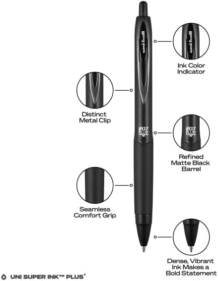 Uniball 207 Plus+ Canetas de gel retrátil 12 pacote de preto com pontas de caneta de ponto médio de 0,7 mm - Uni -Super Ink+ é suave, vibrante e protege contra água, desbotamento e fraude