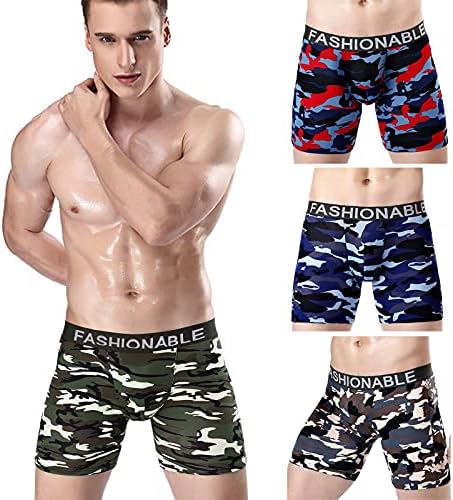 Cuecas boxer masculinas, camuflagem imprimem roupas de algodão super macio de algodão longa e regular perna sem show tronco de performance