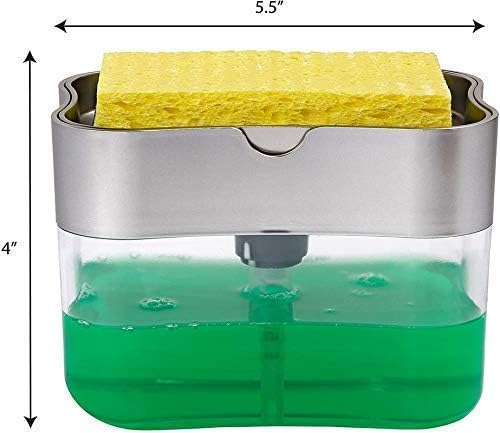 Dispensador de sabão de prato para dispensador de bomba de sabão de cozinha 2 in1 sponge titular, reabastecimento instantâneo de reabastecimento durável à prova de ferrugem Dispensador de pia superior, 13 onças, cinza