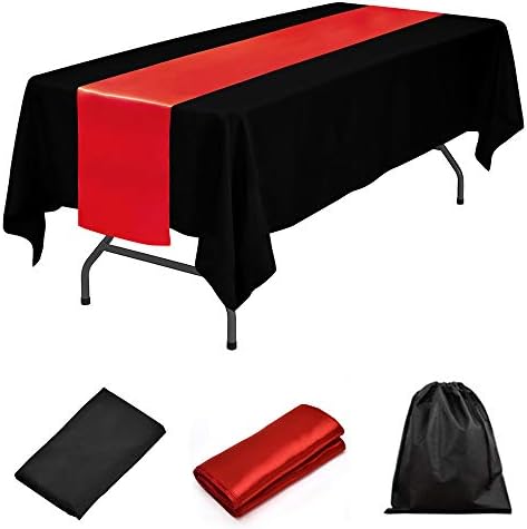Lovwy 60 x 102 polegadas poliéster Retangular Tocada de mesa preta + Red Satin Table Runner para restaurante de banquete para festas de casamento