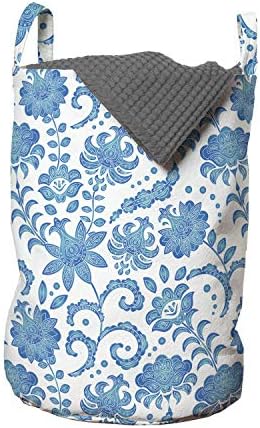 Bolsa de lavanderia floral de Ambesonne, padrão de flores e folhas azuladas no fundo de fundo impressão de arte romântica, cesto de cesto com alças fechamento de cordas para lavanderia, 13 x 19, azul -marinho e branco