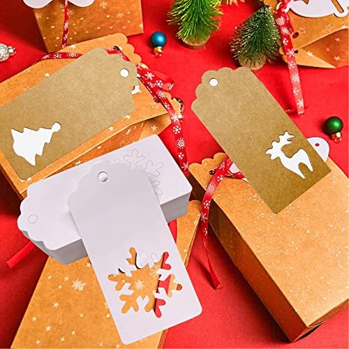 LQBZA 150 PCs Tags de presente de Natal, 3 estilos para Xmas DIY Presente embrulhada Kraft Tags de presente de neve rena de flocos de