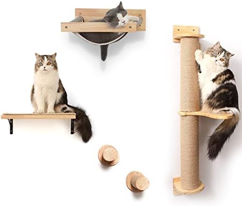 Móveis de parede de gato de Fukumaru, incluindo árvore de atividades de gatos com postes de arranhões, prateleira de parede flutuante com tapete de arranhões, rede de gatos, degraus da parede de gato, para dormir, brincar, escalar e relaxar