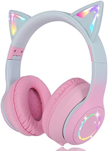 Fones de ouvido sem fio FLOKYU CAT LED LED LIGHT UP BLUETOOTH fones de ouvido para crianças/meninas/mulheres, coragem de cores sobre fones de ouvido com microfone