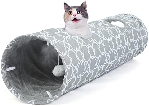 Luckitty grande túnel de gato geométrico com pelúcia por dentro, tubo de túnel dobrável de brinquedos de gatos grandes com bolas,