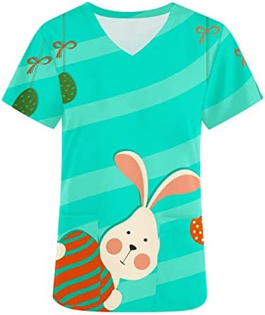 Blusas femininas para o dia da Páscoa coelhos impressos de manga curta V pescoço solto e confortável férias aconchegantes camisetas de enfermagem