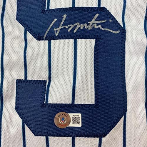 Autografado/assinado Hideki Matsui New York Pinstripe Baseball Jersey Beckett Bas Coa