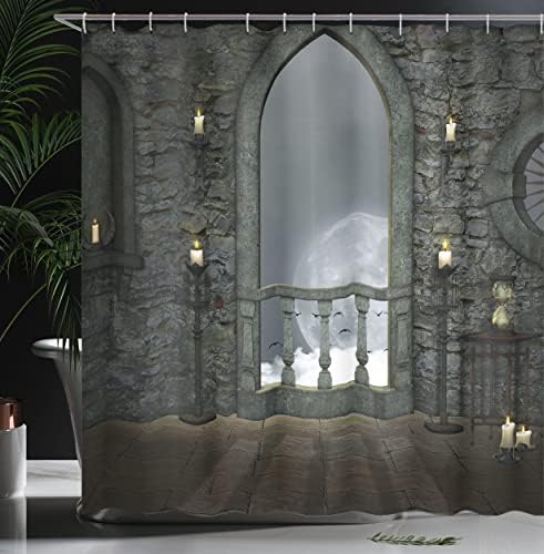 Cortina de chuveiro gótico de Ambesonne, pássaros cheios de lua com fantasia antiga castelo varanda queimando vela de vista noturna, decoração de banheiro de tecido de tecido com ganchos, 69 W x 70 L, reseda verde