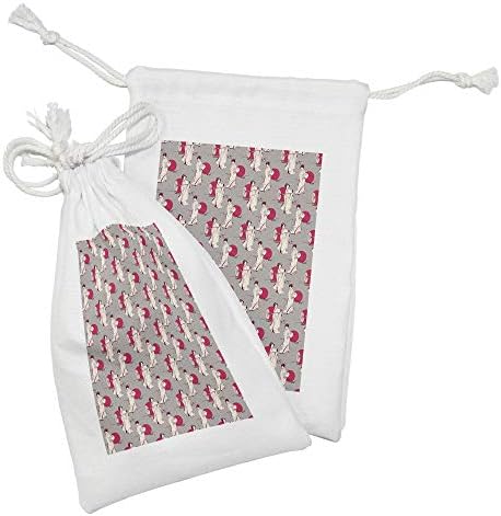 Conjunto de bolsas de tecido japonês lunarable de 2, gueixa com guarda -chuva de papel e ventilador de mão em um fundo de escala de cinza, pequenas bolsas de cordão para máscaras e favores de higiene pessoal, 9 x 6, bege cinza e rubi