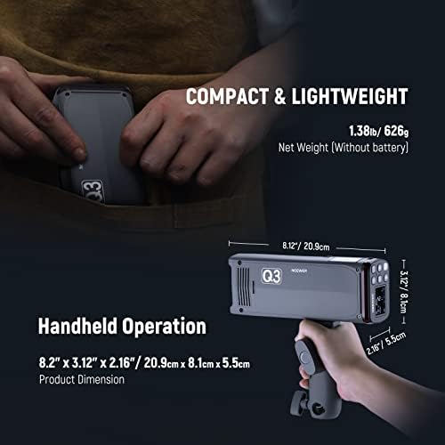 Newer Q3 200WS 2.4G TTL Flash, 1/8000 HSS Strobe Light Photography Monolight com QPro-S Trigger compatível com Sony, difusor/3200mAh Battery/500 Pops completos/reciclagem em 0.01-1.8s