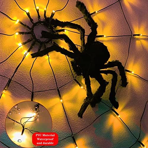 Azami Spider Lights Web Halloween Apuração decorações internas/externas com 2 pcs aranha preta de 3,25 pés de diâmetro 8 modos 70 LED de bateria à prova d'água, para varanda de quarto no quintal da varanda