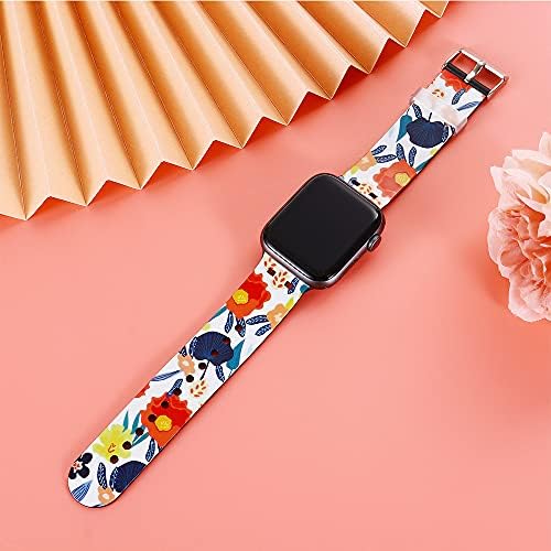 Huayou Leather Floral Impresso Band Compatível com Apple Watch Series 7 6 5 4 3 2 1 SE PARA IWATCH 45mm 44mm 42mm 41mm 40mm 38mm, Sport Dresst