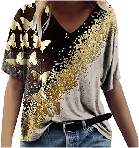 Camisetas casuais de verão feminino v pescoço de manga curta tops paisagem camiseta impressa camise