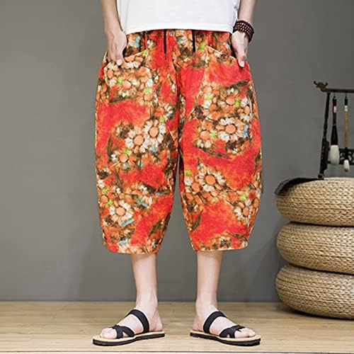 Calça masculina de perna aberta masculina com bolsos masculino primavera verão as calças de linho de algodão floral