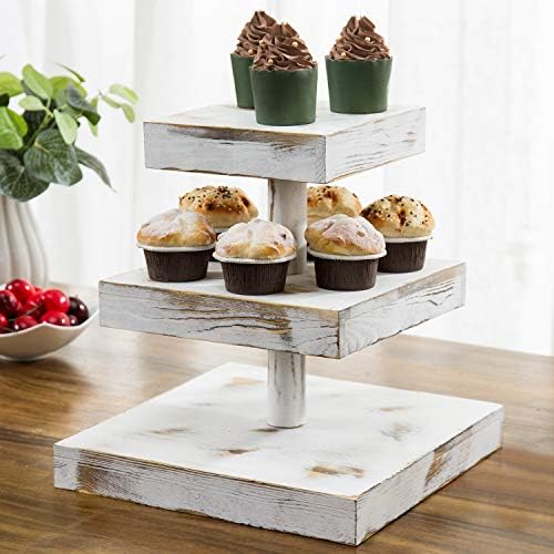 MyGift Whitewashed Cupcake Stand, 3 bandeja de porção quadrada em camadas, sobremesas e aperitivo