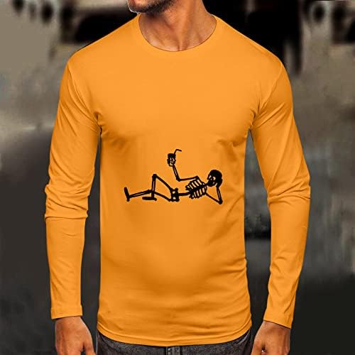 XXBR Mens Halloween Tops Tops Funny Skeleton Print Leva Longa Camista Slim Fit Muscle Party Casual Crewneck camisetas