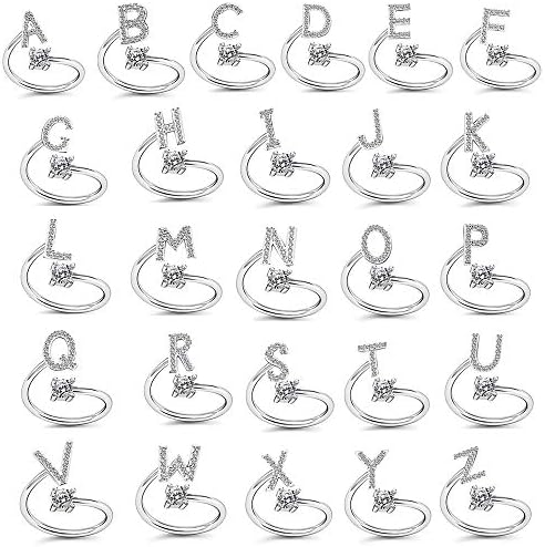 Anel de letra inicial de prata para mulheres meninas. Anel de alfabeto de cristal ajustável, nomes iniciais anéis de